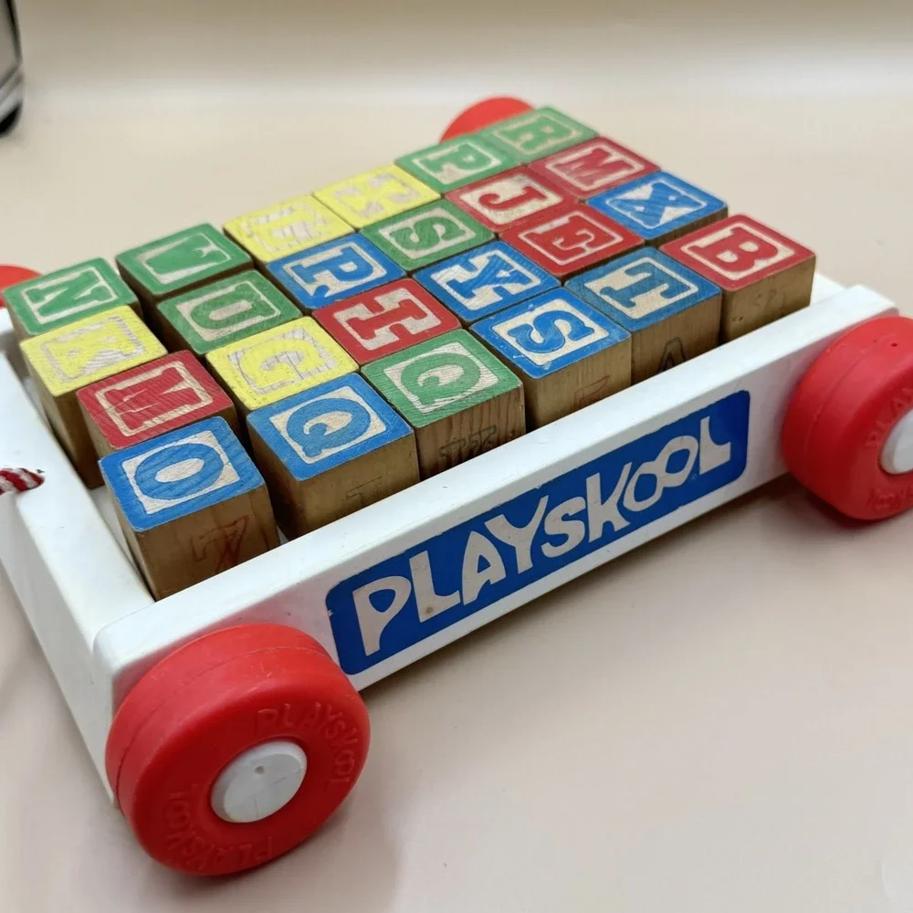 Playskool Wagon Pull Along Toy Cart With Wooden Letter Blocks Vintage 70s Retro